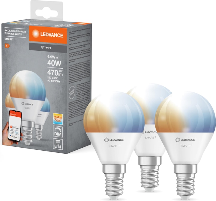 Produktbild Ledvance Smart+ Wifi Mini Bulb (E14, 4.90 W, 470 lm, 3 x, F)