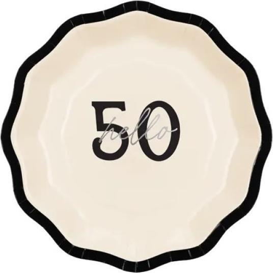 Creme mit schwarzer Schleife und Aufschrift „hello 50“
