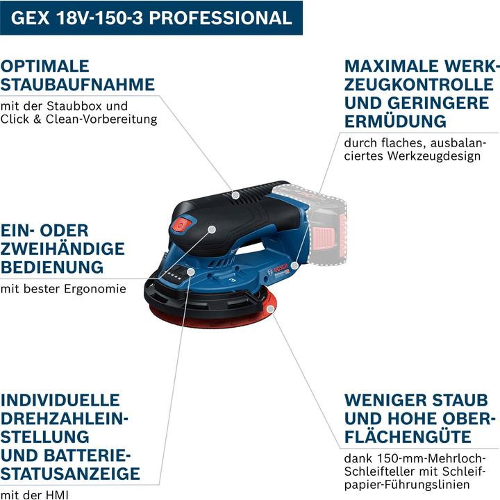 Immagine prodotto Bosch Professional Akku-Exzenterschleifer GEX 18V-150-3 (Levigatrici rotorbitali)