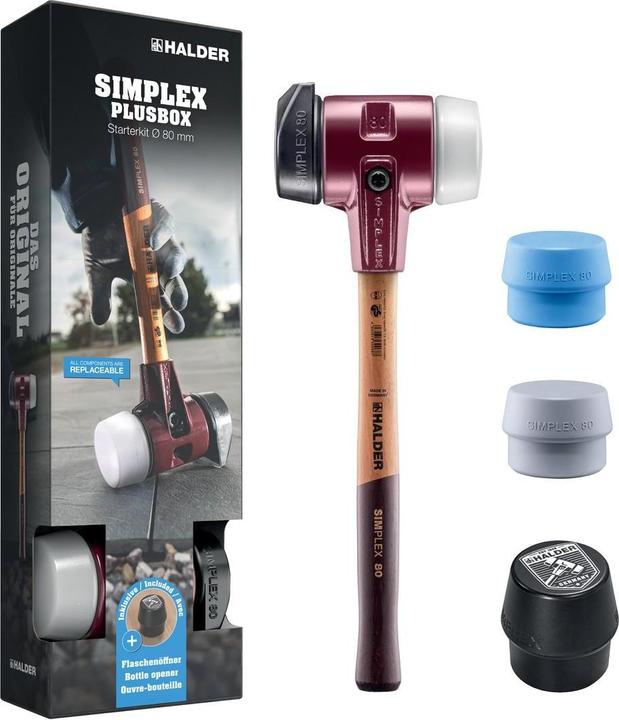 Produktbild Halder SIMPLEX-Plusbox Starterset, SIMPLEX-Softface-Hammer D80, Gummimischung mit Ständer / (4400 g)