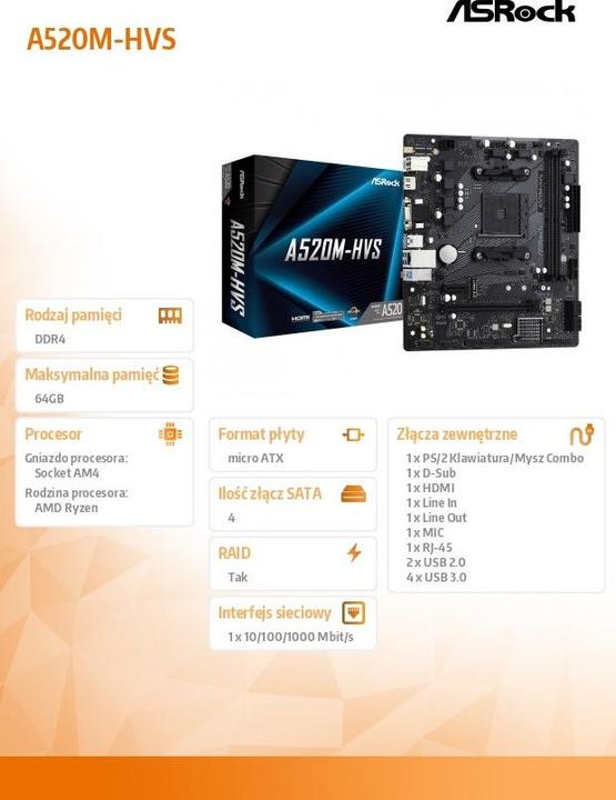 Image du produit AsRock A520M-HVS (AM4, AMD A520, mATX)