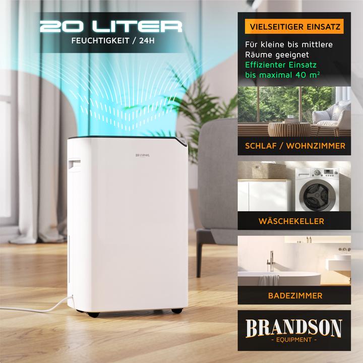 Produktbild Brandson Luftentfeuchter 20L/24h, 40m², Automatik, Timer, Ablaufschlauch, Wäschetrocknen, 2,2 l Tank, Rollen (40 m², 20 l/24h)