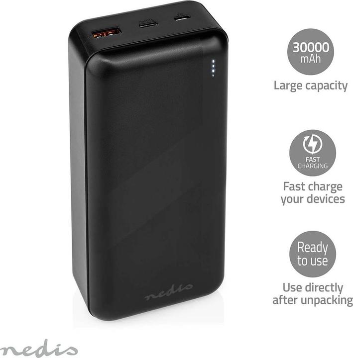 Produktbild Nedis powerbank | 30000 mAh | 1.5 / 2.0 / 3.0 A | Anzahl der Ausgänge: 2 | Ausgangsanschluss: 1x USB (30000 mAh, 20 W, 111 Wh)