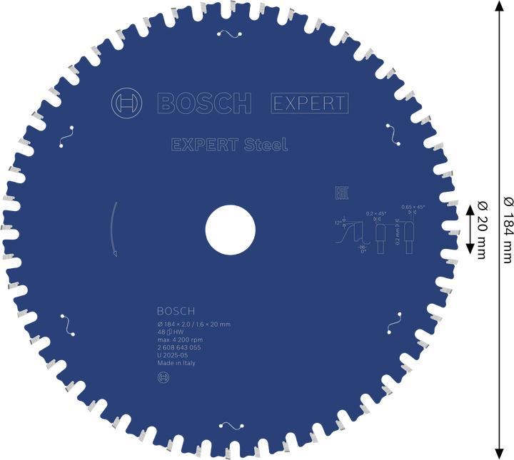 Immagine prodotto Bosch Professional Zubehör Lama circolare Expert per acciaio, 184 x 20 x 2,0 mm, 48
