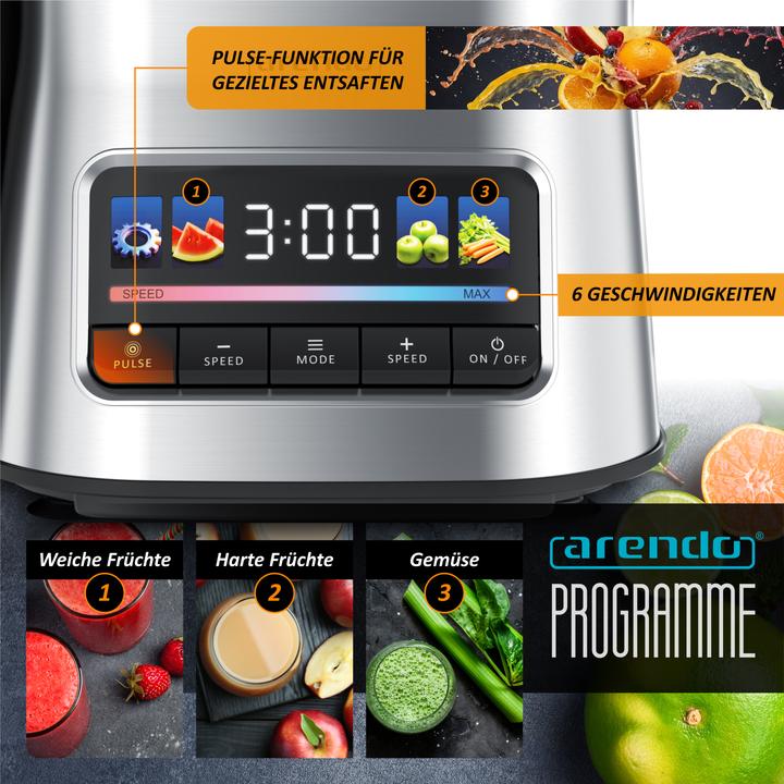 Actual product image Arendo Zentrifugalentsafter, BPA Frei, Edelstahl, 1000W, XXL-Einfüllschacht, Programme, Display, Tropfstopp