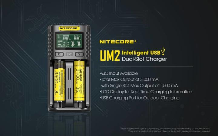 Actual product image Nitecore UM2 USB-Ladegerät (1 pcs., 14500, 16340, 18650, 26650, Chargers without battery)