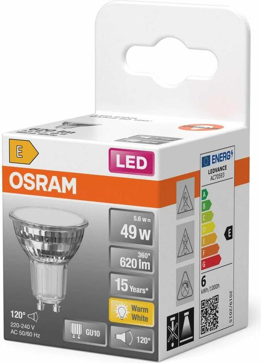 Produktbild Osram LED Leuchtmittel LED STAR PAR16 5.6W 827 GU10 Warm weiss 4099854457425 (GU10, 5.60 W, 620 lm, 6 x, E)