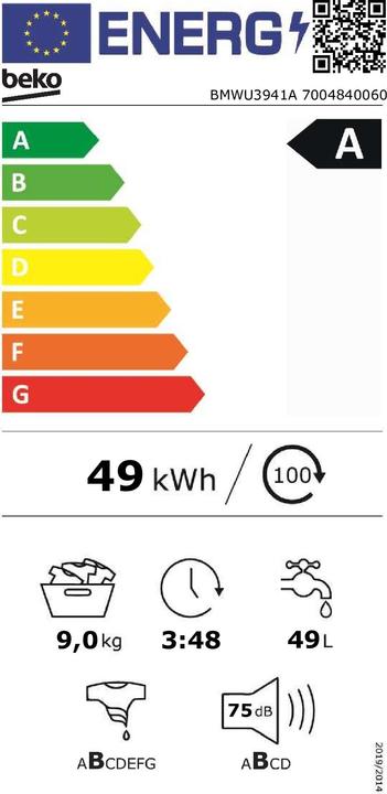 Etichetta energetica Beko BMWU3941A Lavatrice 9 Kg Classe A (9 kg, A sinistra)