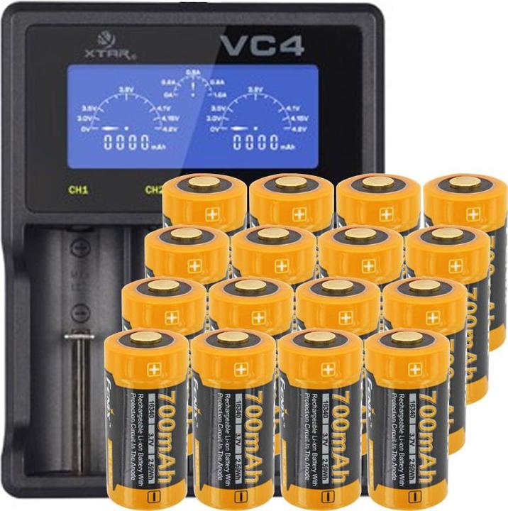 Fenix Battery CR123 A 16 pieces and LCD quick charger (16 pcs., CR123A, 670 mAh, Battery + charger)