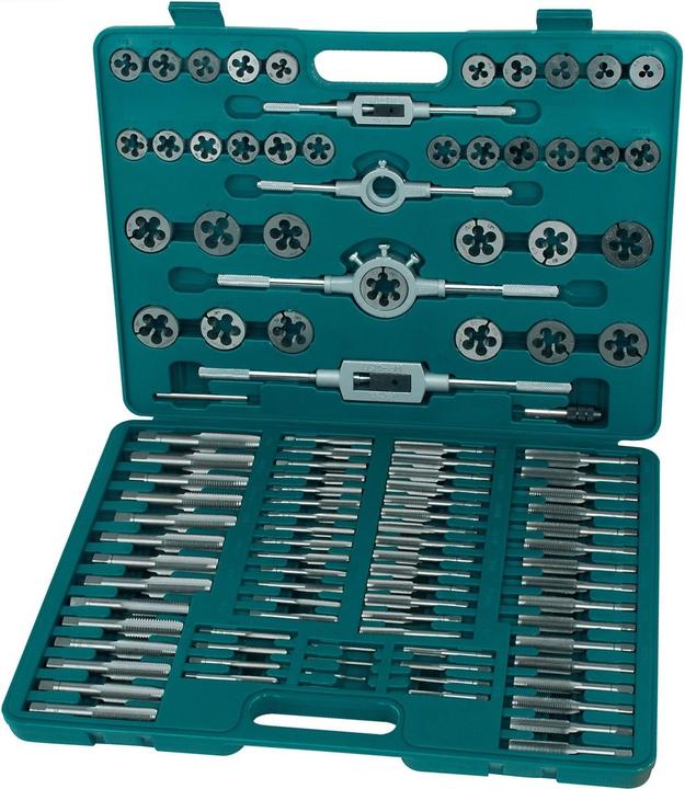 35 x filières (M2-M18), 35 tarauds moyens (M2-M18), 35 Filets (M2-M18), 2 écrous en T, 2 porte-matrices et une boîte à outils.