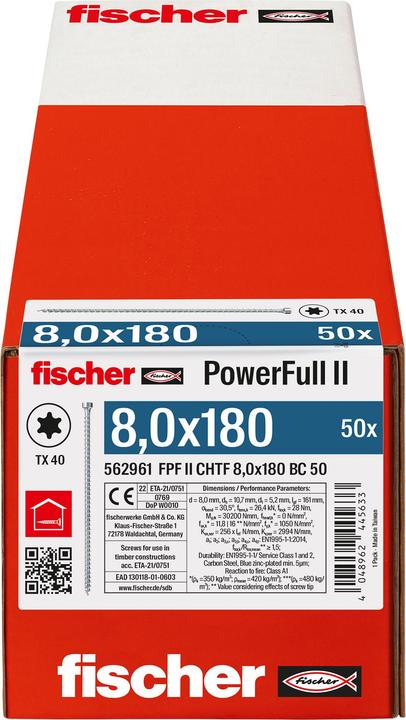 Energie-Label Fischer PowerFull II 8,0x180 ZK TX VG blvz 50 (50 Schrauben pro Stück)