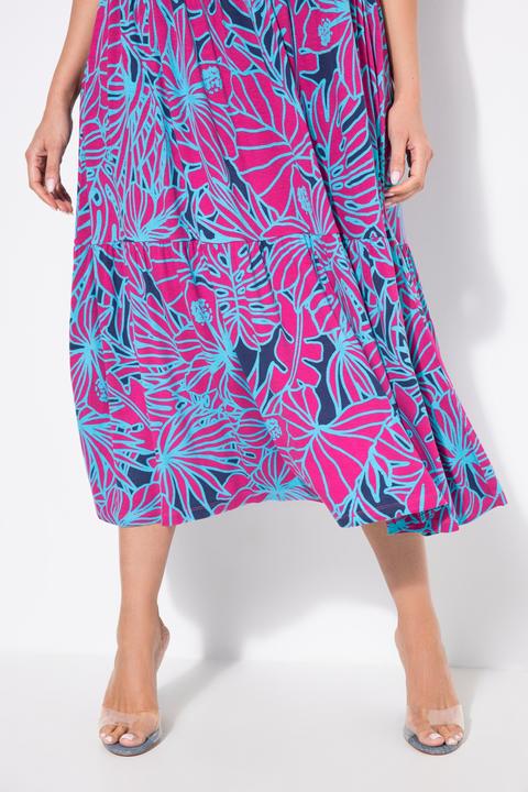 Produktbild Ulla Popken Jersey-Midikleid, Blüten, gekräuselter Rundhals, ärmellos (62)