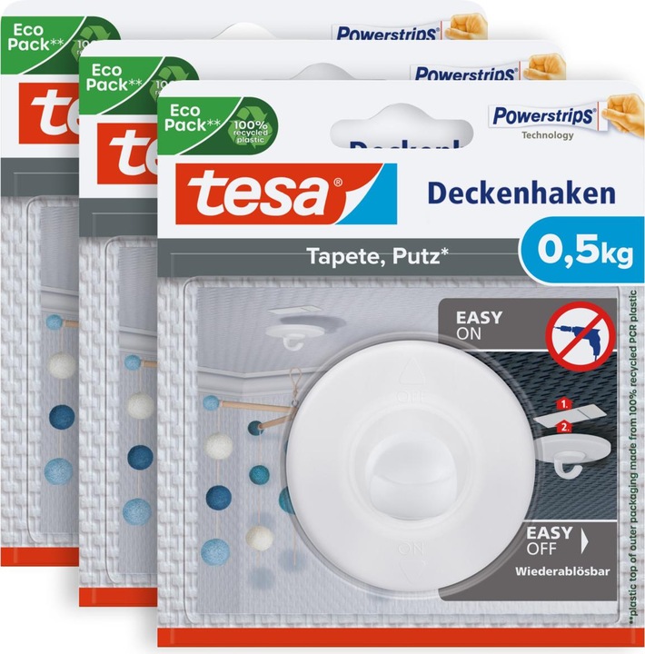 Produktbild tesa 3x Deckenhaken für Tapete & Putz, selbstklebend