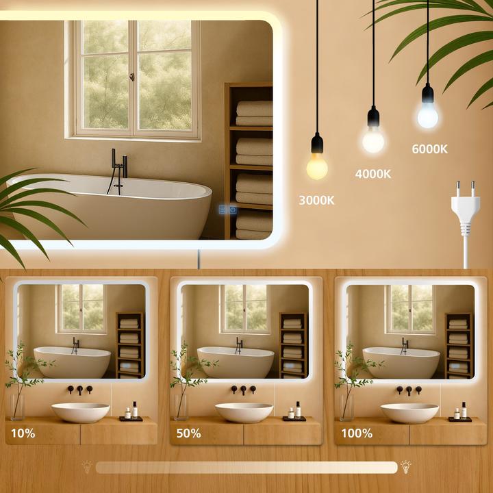 Actual product image CLP Bathroom mirror Jericho Anti-fog LED lighting dimmable 3 light modes (70 x 100 cm)