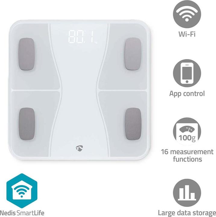 Produktbild Nedis WIFI-SmartLife-Personenwaage Bluetooth® | BMI / BMR / Fett / Gebeine / Gewicht / Muskeln / Was (180 kg)