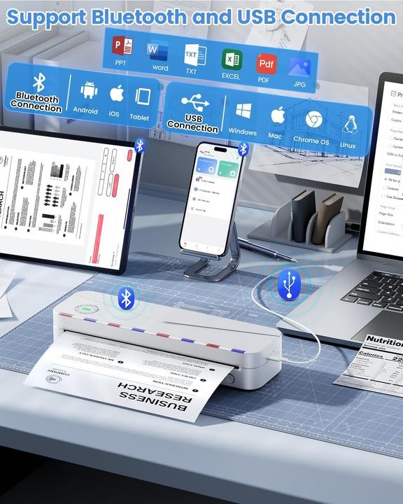 Produktbild Phomemo Mobiler Thermodrucker A4, drahtlos, kompatibel mit Smartphones und Computern (USB)