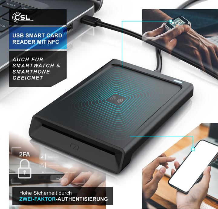 Produktbild CSL Chipkartenleser USB C Smart Card Reader, NFC, SIM Kartenlesegerät, kompatibel mit Mac OS X, Win 11 (USB)