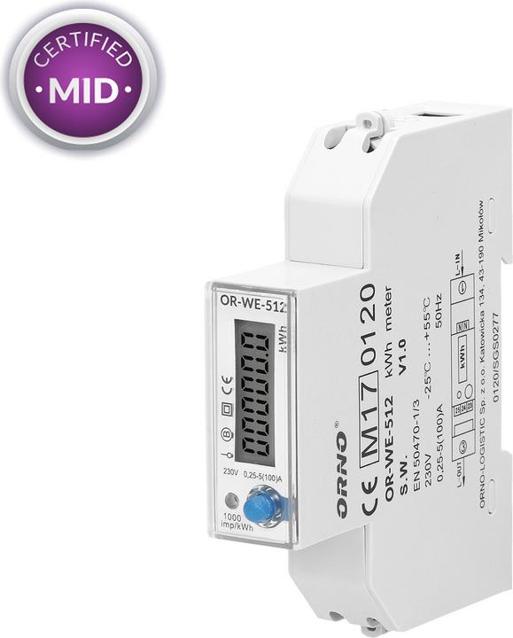 Actual product image MGA Orno LCD digital AC meter, 1-phase display of power consumption with MID certificate, 100A