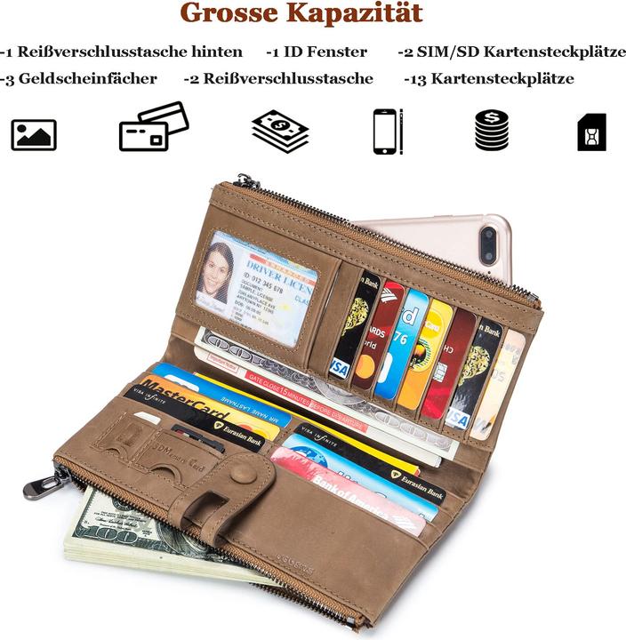 Produktbild Only-Bags.Store Grosse Vintage Brieftasche Leder Brieftasche mit RFID-Schutz - Brieftasche mit 13 Kartenfächern mit