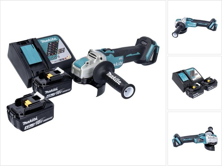 1x Makita DGA 521 cordless angle grinder - 1x additional handle (158237-4) - 1x protective cover (347618-9) - 2x Makita BL 1840 B 18 V 4.0 Ah battery - 1x Makita DC 18 RC charger