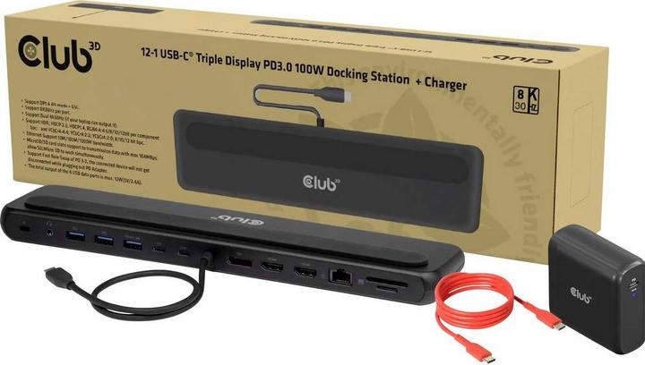 Actual product image Club 3D Club3D USB-C 12in1-Dock >DP1.4/2xHDMI/2xUSB-C/ 8K30Hz PD100W retail (USB-C)