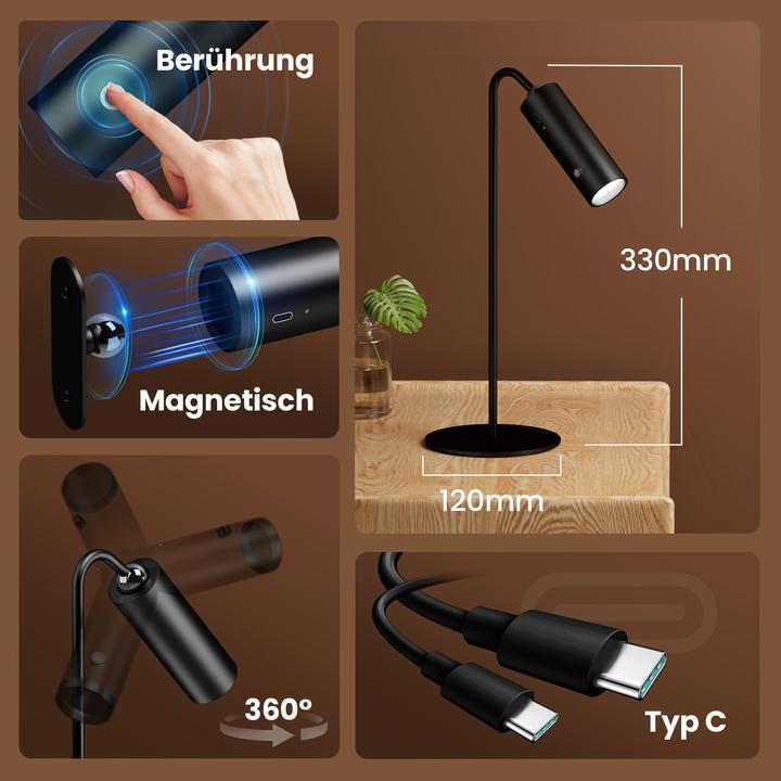 Immagine prodotto Emke LED Tischlampe kabellos, 6-in-1, dimmbar, Touch LED, Schwarz, 3 Farbmodi, magnetische Wandleuchte, U
