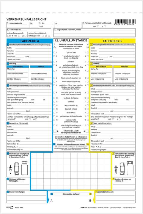 Rnk Europäischer Verkehrsunfallbericht,, selbstdurchschreibend, A4, 1 Pk à 10 Stk.
