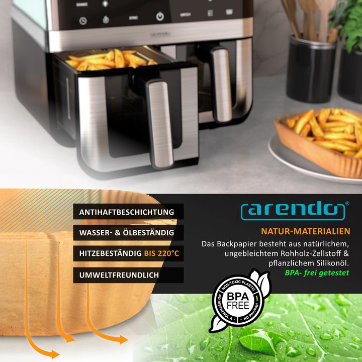 Produktbild Arendo Backpapier für Heissluftfritteuse 4,5-10 L, 100 St., 22x14x4,5 cm, Antihaft, für Airfryer, Ofen usw.