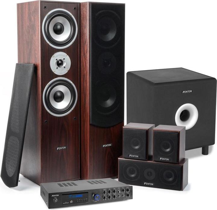 Fenton set home cinema - AV550BT 5.1 amplifier met walnoot speakers en actieve subwoofer (Set, 200 W)
