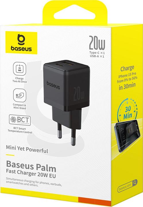 Image du produit Baseus Chargeur USB et USB-C Palm 20W UE noir (20 W, 2 ports)