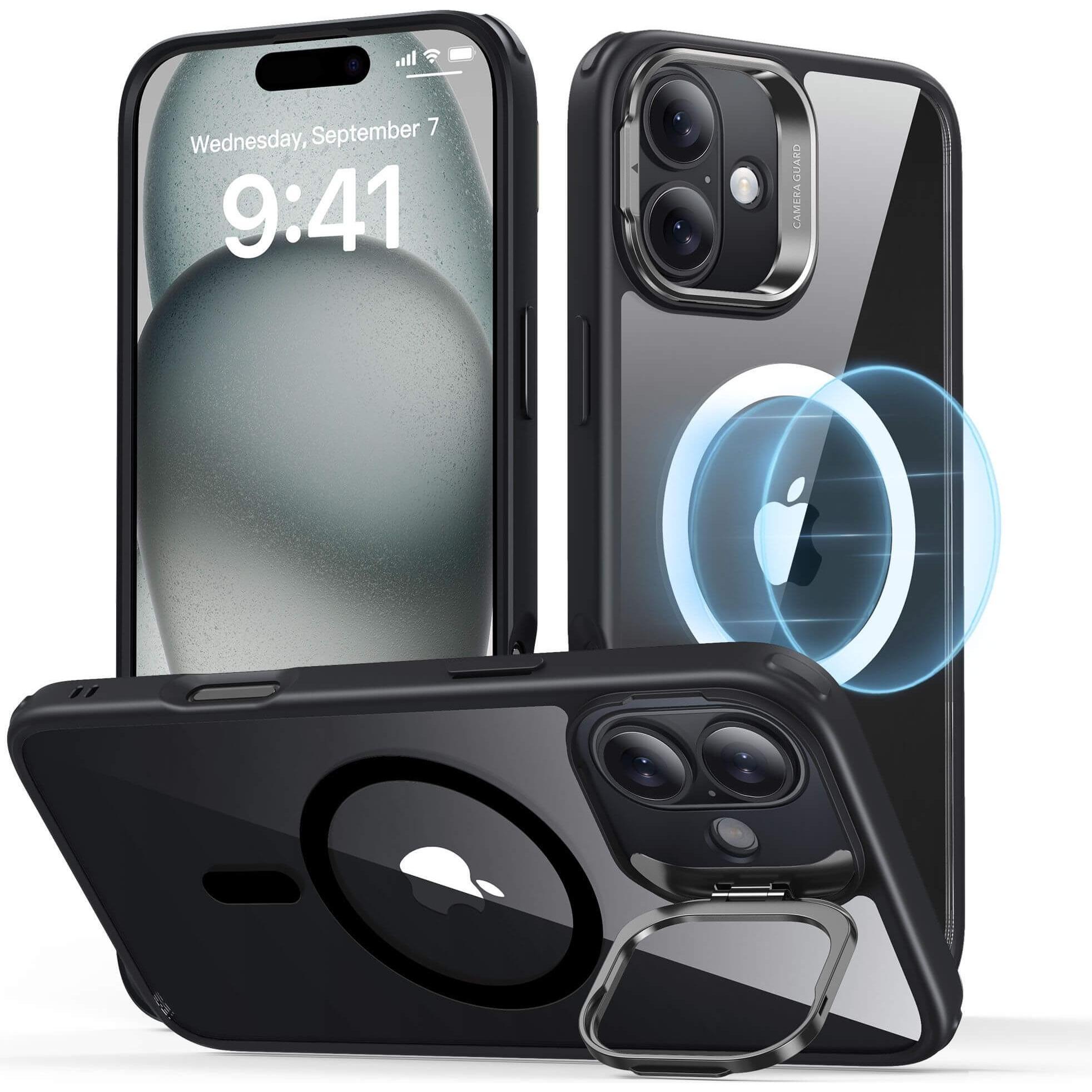 ESR Classic Hybrid HaloLock Case mit Stash Stand (Apple iPhone 16), Smartphone Hülle, Schwarz