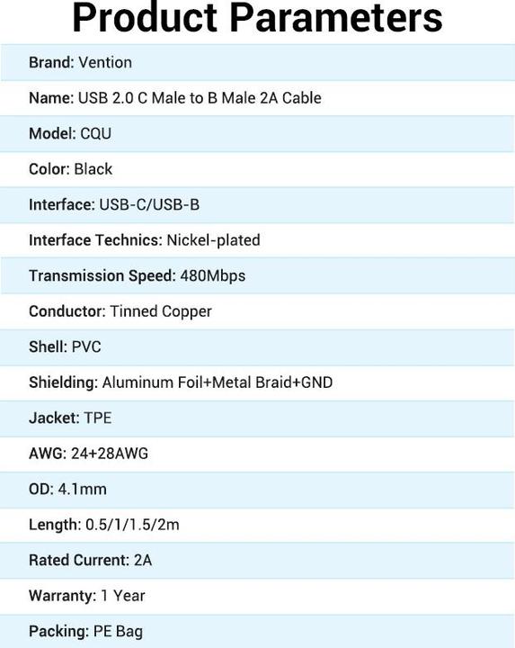 Nährwerte und Zutaten Vention USB 2.0 C Male to B Male 2A Cable 2M Black (2 m, USB 2.0)
