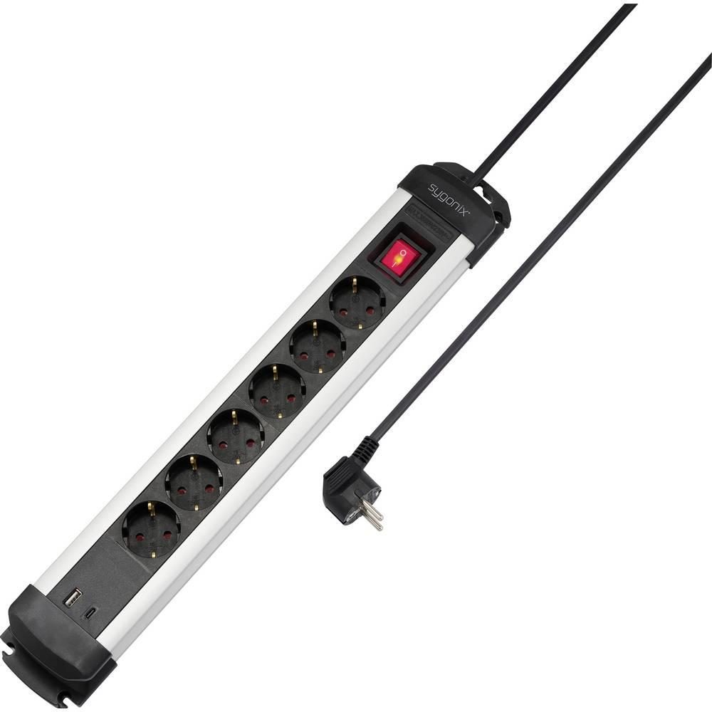 Sygonix, Ciabatta multipresa, SY-6807130 Steckdosenleiste mit Schalter 6fach Schwarz, Silber Schutzkon (6x, CEE 7/3)