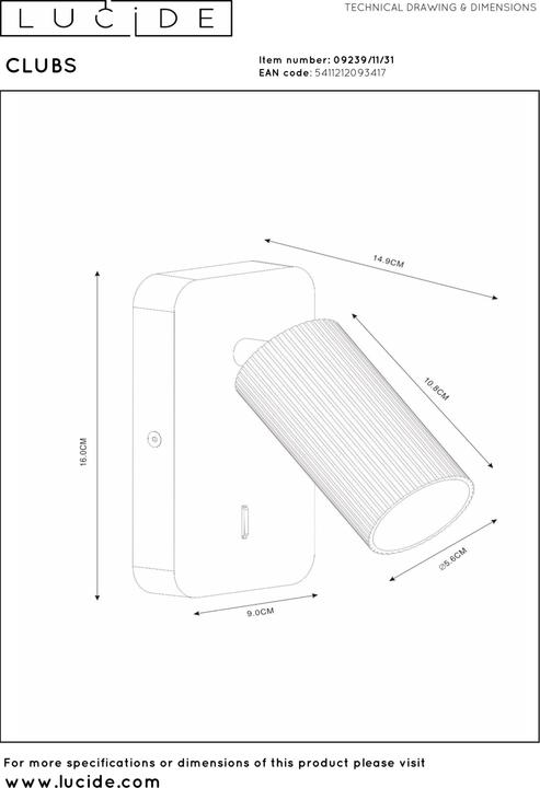 Actual product image Lucide CLUBS - Wall spotlight - 1xGU10 - White 09239/11/31 (GU10)