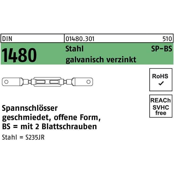 Seil + Kette Zubehör, Spannschloss DIN 1480 offen m.2Blattschrauben SP BS M 12 Stahl 3.6 galvanisch verzinkt galvanisch....