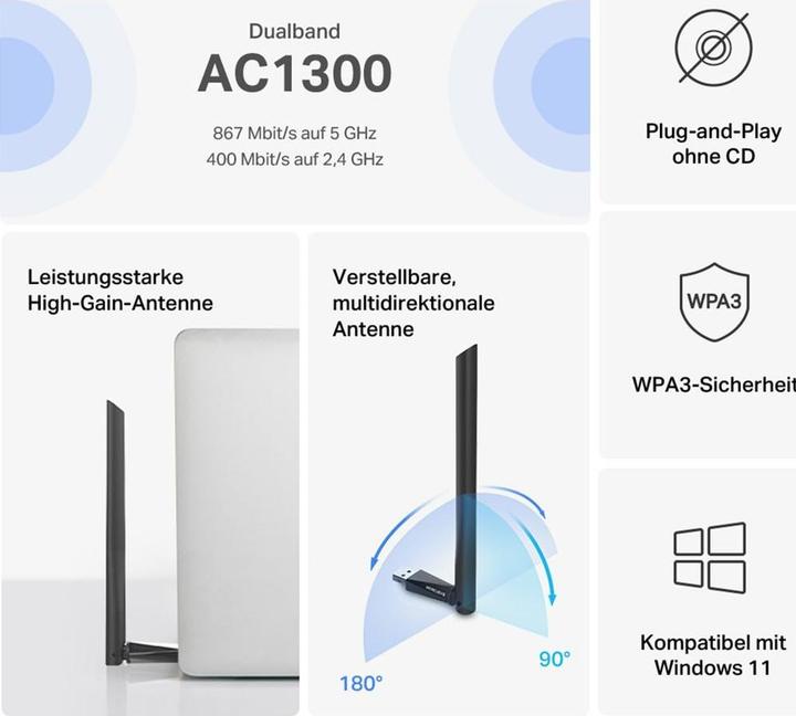 Produktbild Mercusys TP-LINK MA30H AC1300 High Gain Wi-Fi USB Adapter (USB, USB 2.0)