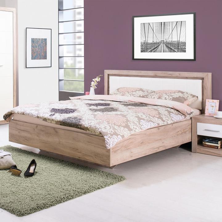 Produktbild Floki24 Doppelbett Holzbett Polsterbett Ehebett Bettrahmen mit Lattenrost Eiche Grau Kunstleder - Weiss, 160 (160 x 200 cm)