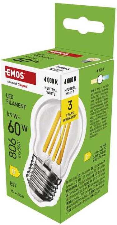 Immagine prodotto Emos Lampada LED Filament Mini Globe / E27 / 5,9 W (60 W) / 806 lm / Bianco neutro (E27, 806 lm, 1 x)