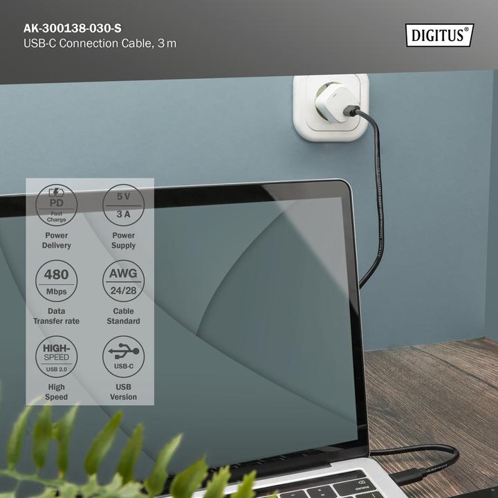 Produktbild Digitus USB C – USB C (3 m, USB 2.0, 15 W)