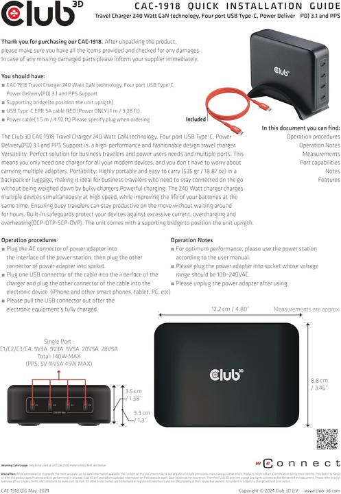 Produktbild Club 3D Club3D Reiseladegerät 4xUSB Typ C PD 240W retail (240 W, 4 Ports)