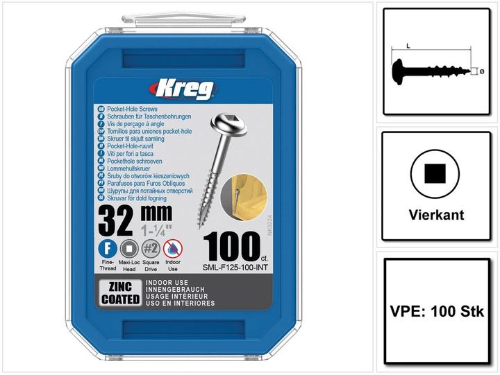 Image du produit Kreg Vis à tête cylindrique 32 mm 100 pcs ( SML-F125-100 ) à tête carrée à filetage partiel Feing (100 Vis par pièce)