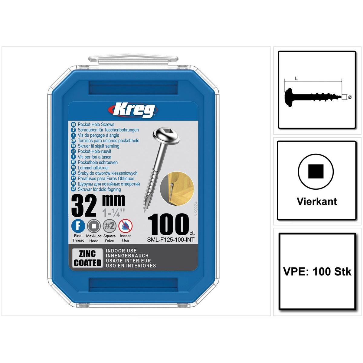 Kreg, Viti, Vite a testa bombata con foro tascabile 32 mm 100 pezzi ( SML-F125-100 ) filettatura parziale a (100 Viti per pezzo)