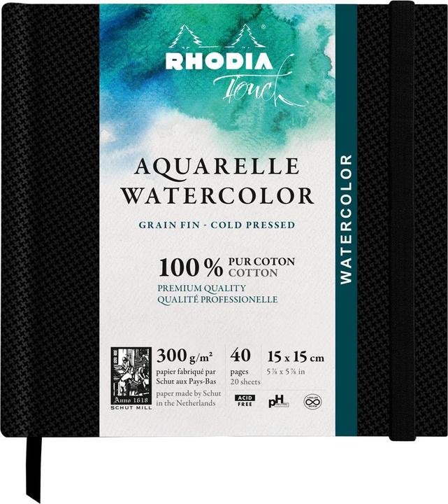 Rhodia Touch Watercolor Book, papier grain fin 100% coton 300g - 15x15 cm 40 pages - Noir (200 g/m², 120 x)