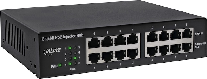 InLine PoE+ Gigabit injector hub 8 port (8x PoE+) (802.3at (PoE+), 802.3af (PoE), 30 W)