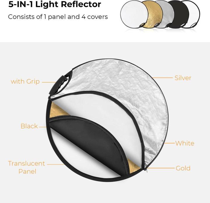 Produktbild K&F Concept 5 in 1 Circular Photography Reflector 107cm with Handle Grip Gold Sliver Black White Translucent Pa (110 cm)