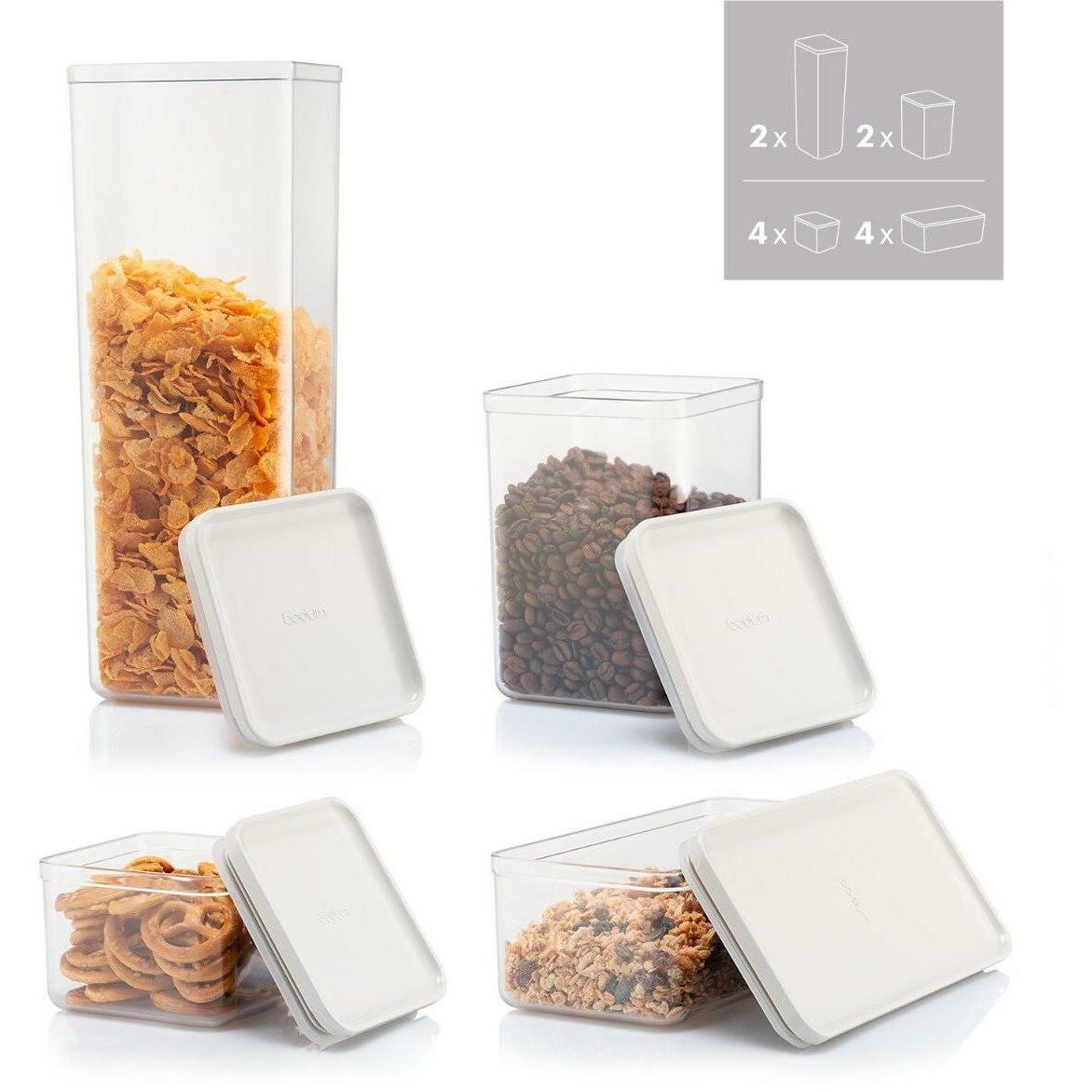 Bodum 12er-Set Vorratsdosen 4 x 1L / 2 x 1,2L / 4 x 0,5L / 2 x 2,6L, Contenitore per alimenti, Beige, Bianco, Trasparente