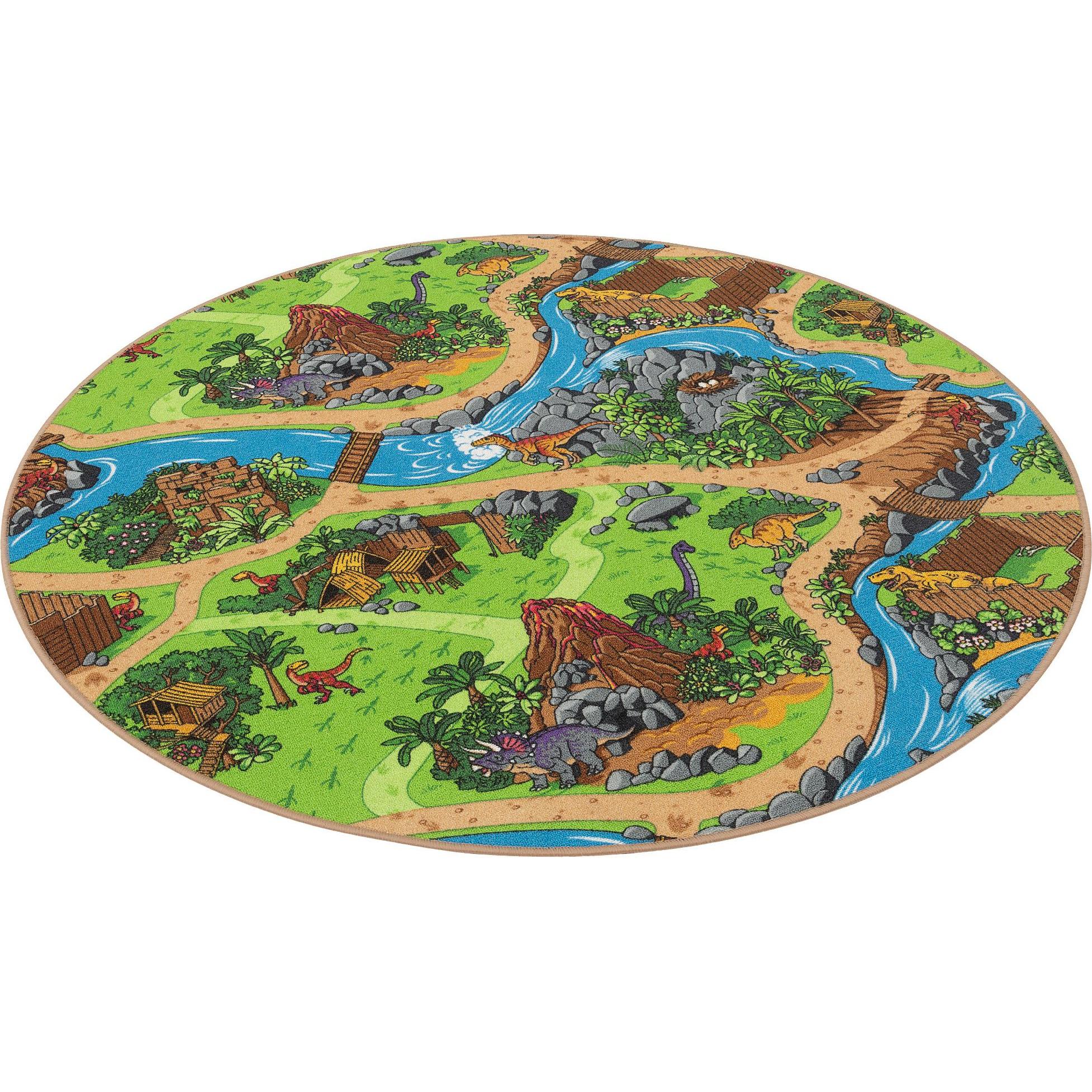Pergamon, Spielteppich + Spielmatte, Kinder Spiel Strassen Teppich Dino Welt Rund (133 x 133 cm)