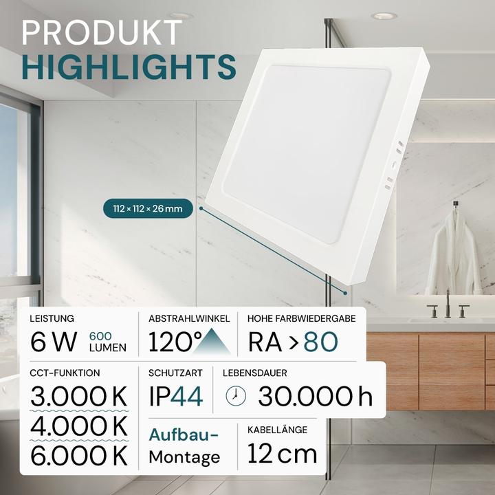 Produktbild Luxula LED-Deckenleuchte, 6W, EEK: F, 600lm, CCT, IP44, quadrat, weiss (600 lm)