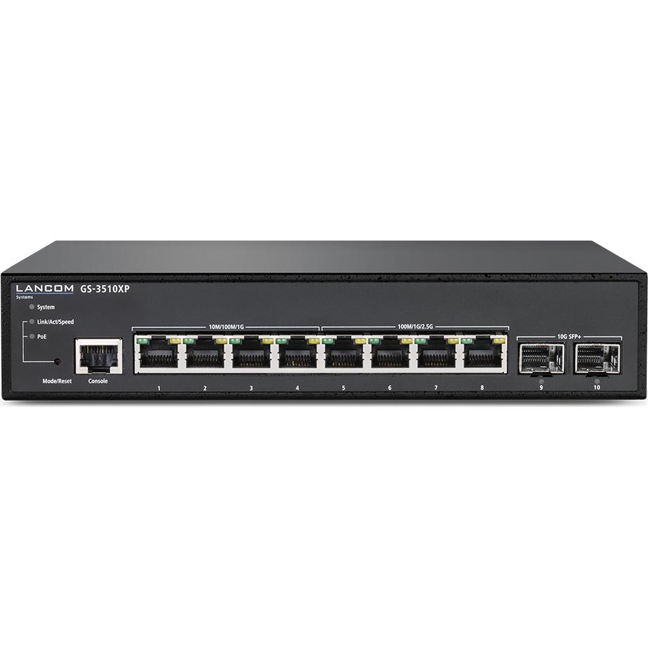 Lancom Systems 4x RJ-45,. RJ-45, SFP+, PoE VLAN (10 Ports), Netzwerk Switch, Schwarz