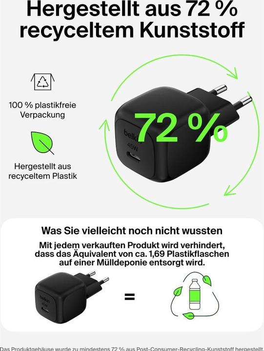 Image du produit Belkin BoostCharge 45 W USB-C avec PD, câble USB-C inclus (45 W, 1 portion)